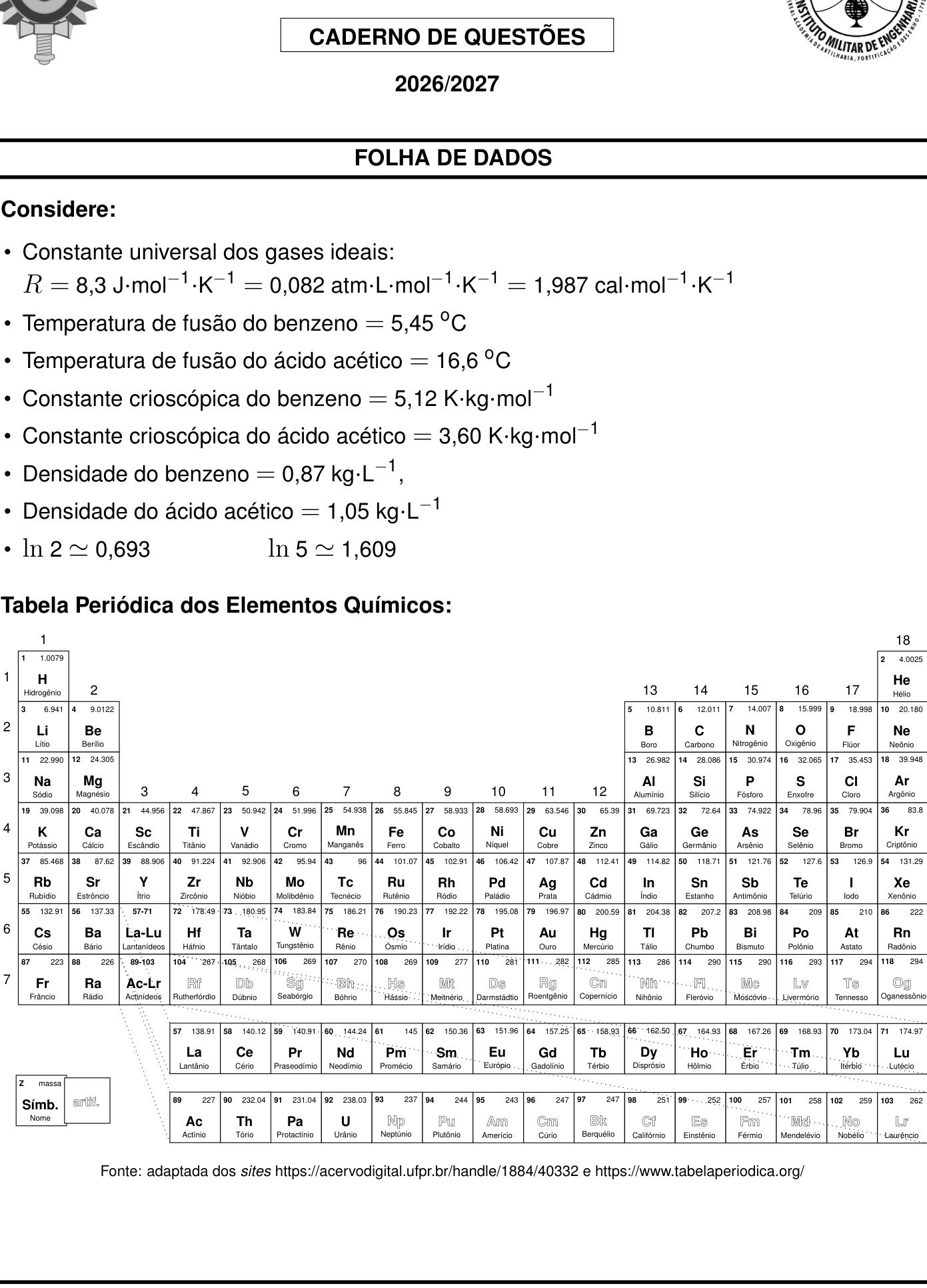 Texto de apoio da questão 1 (Química)