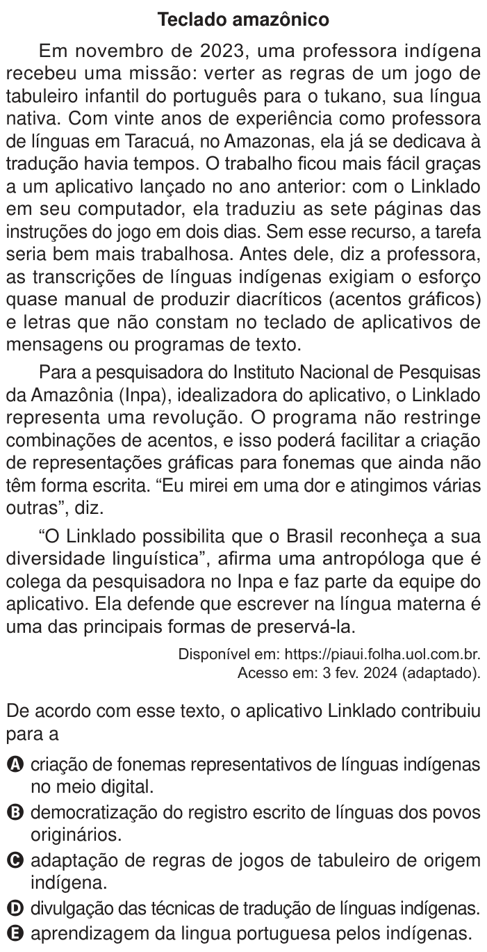 Questão 34 no caderno Azul do ENEM 2024