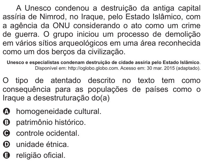 Questão 44 no caderno Azul do ENEM 2015