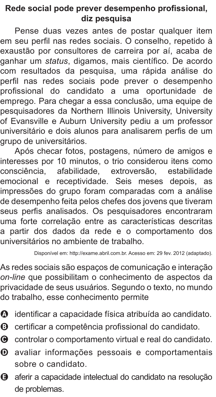 Questão 114 no caderno Azul do ENEM 2015