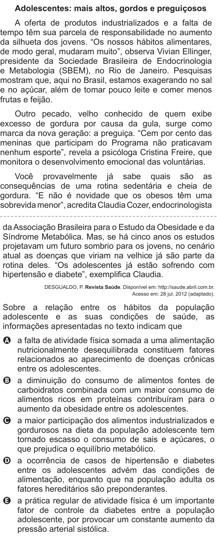 Questão 108 no caderno Azul do ENEM 2013