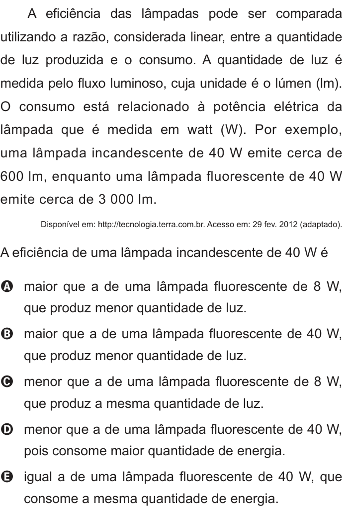 Questão 61 no caderno Azul do ENEM 2012