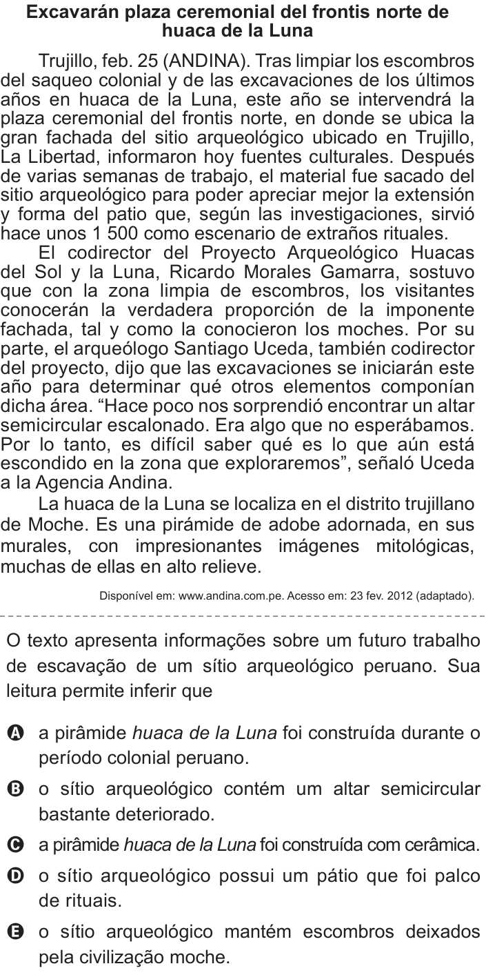 Questão 92 no caderno Azul do ENEM 2012
