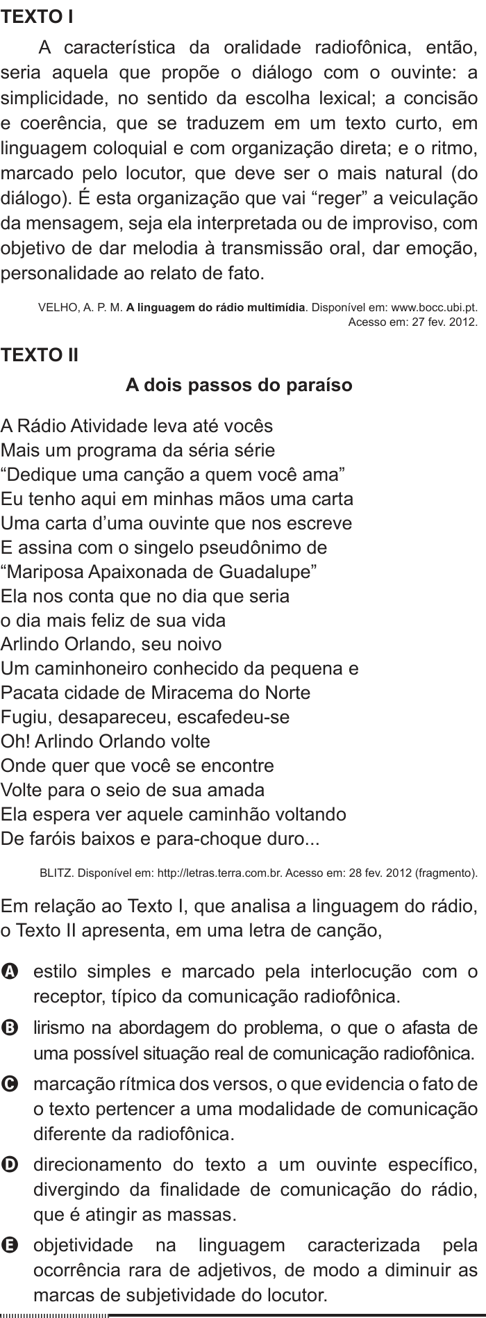 Questão 111 no caderno Azul do ENEM 2012