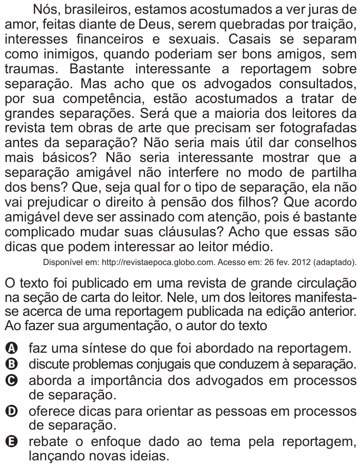Questão 119 no caderno Azul do ENEM 2012