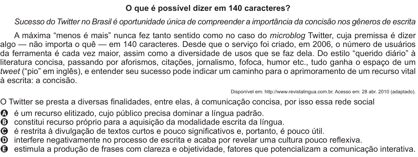 Questão 135 no caderno Azul do ENEM 2011