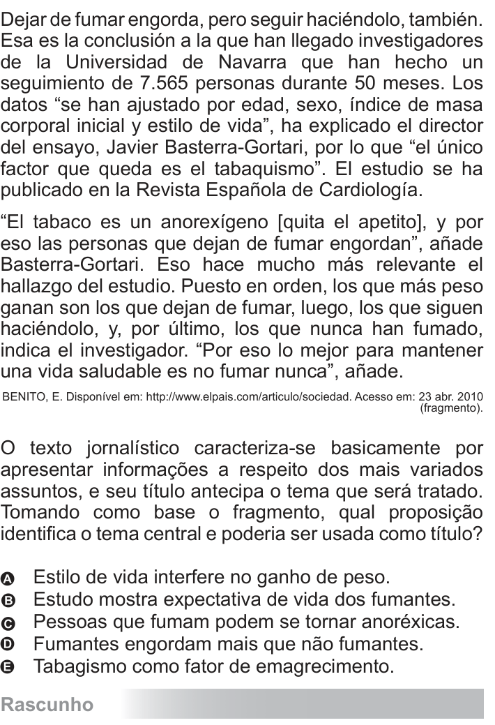 Questão 94 no caderno Azul do ENEM 2010