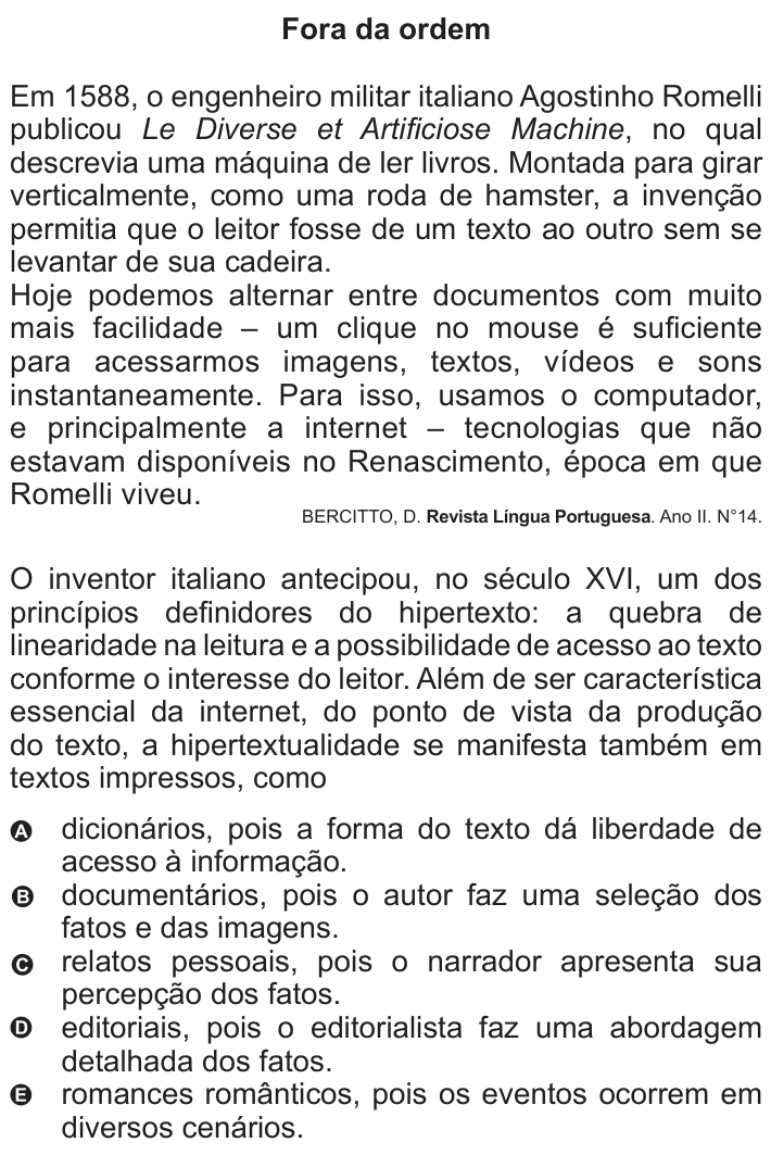 Questão 135 no caderno Azul do ENEM 2010