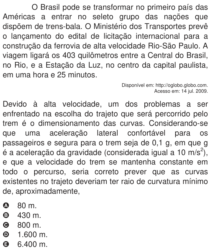 Questão 17 no caderno Azul do ENEM 2009
