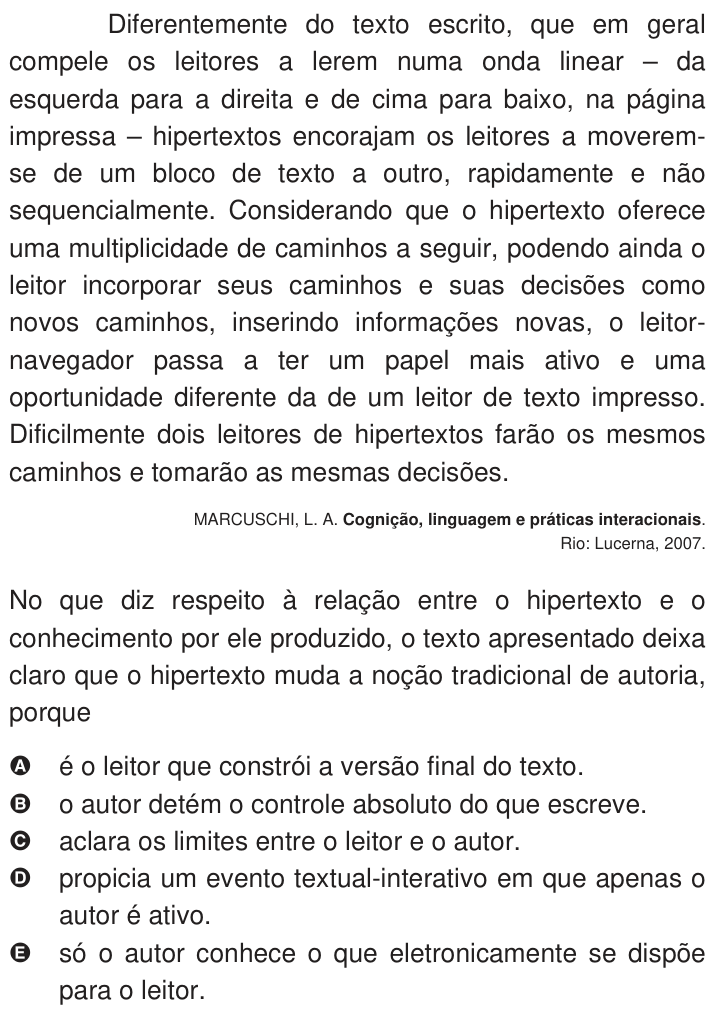 Questão 104 no caderno Azul do ENEM 2009