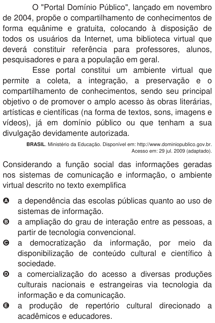 Questão 110 no caderno Azul do ENEM 2009