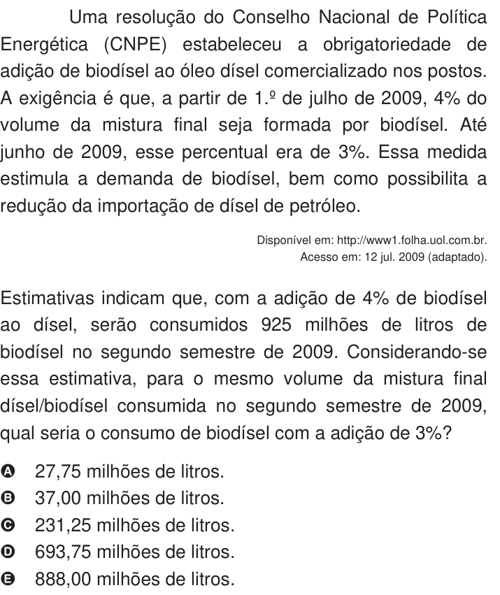 Questão 141 no caderno Azul do ENEM 2009