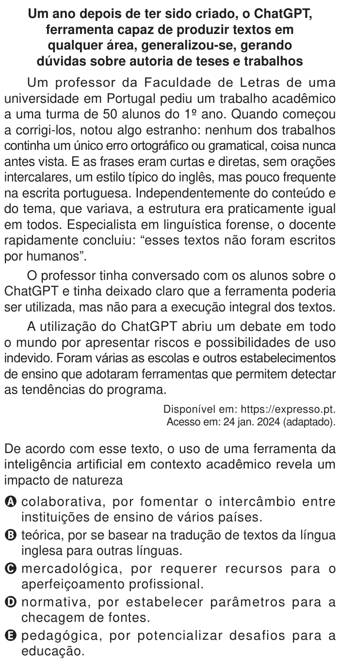 Questão 38 no caderno Azul do ENEM PPL 2024