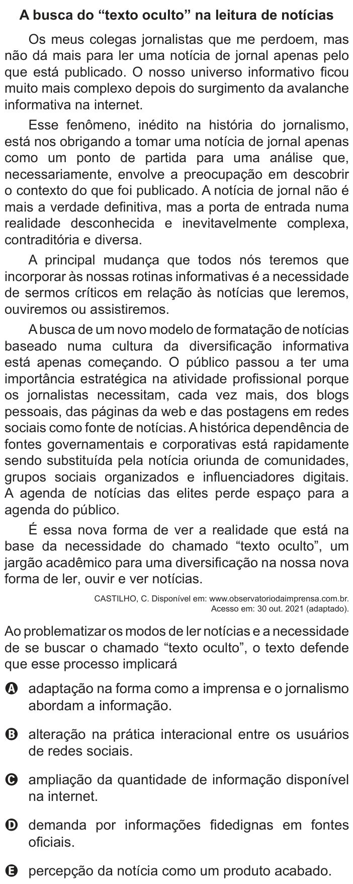 Questão 30 no caderno Azul do ENEM PPL 2022