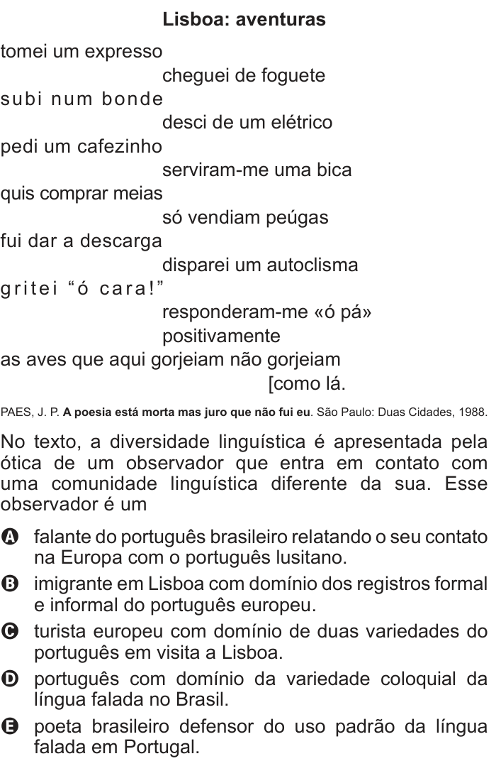 Questão 105 no caderno Cinza do ENEM PPL 2016