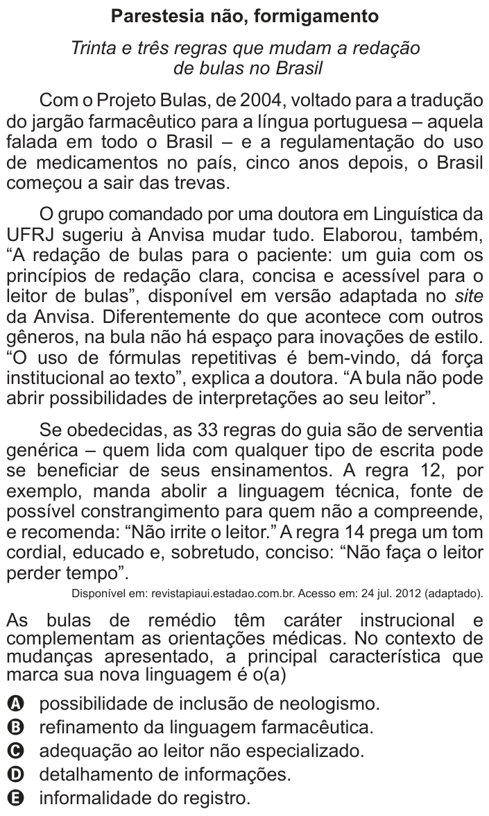 Questão 109 no caderno Cinza do ENEM PPL 2016