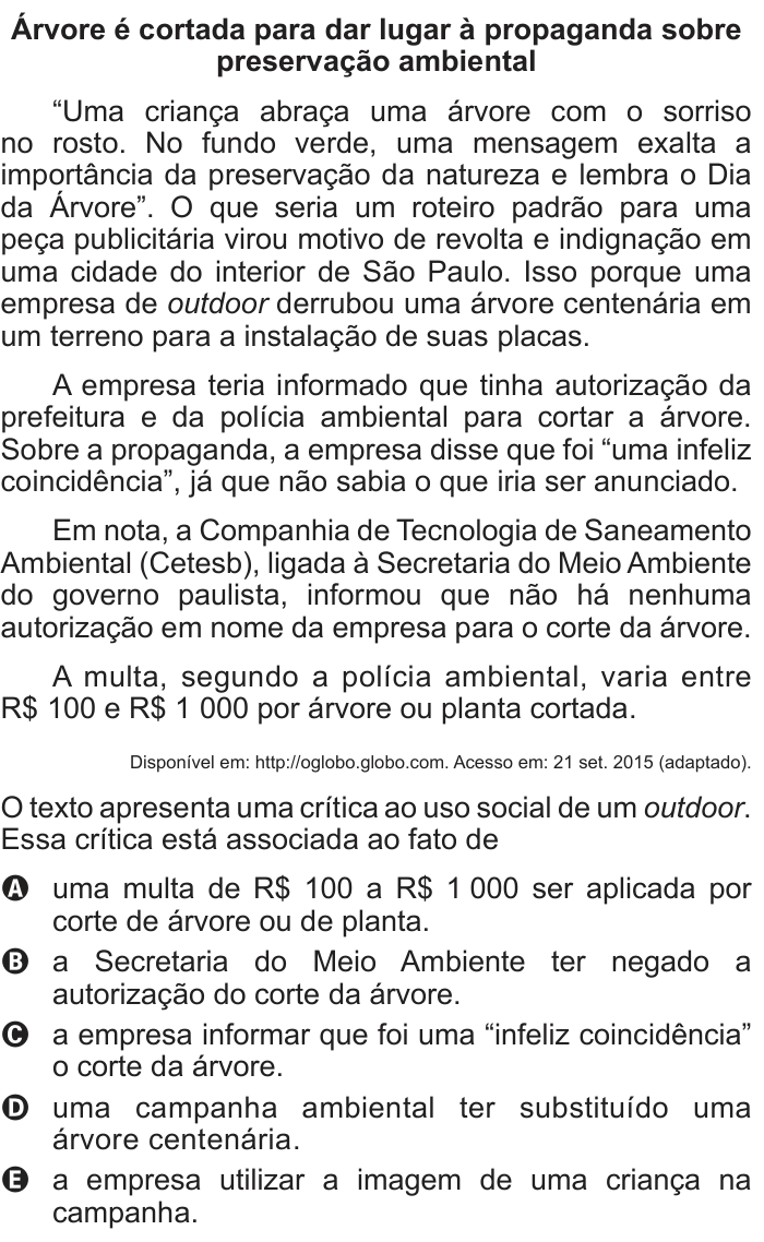 Questão 122 no caderno Cinza do ENEM PPL 2016