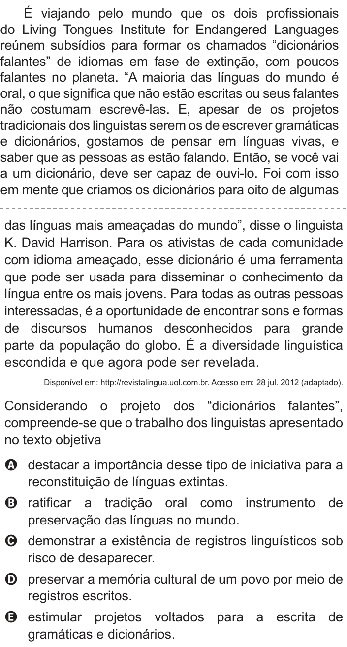 Questão 130 no caderno Cinza do ENEM PPL 2016