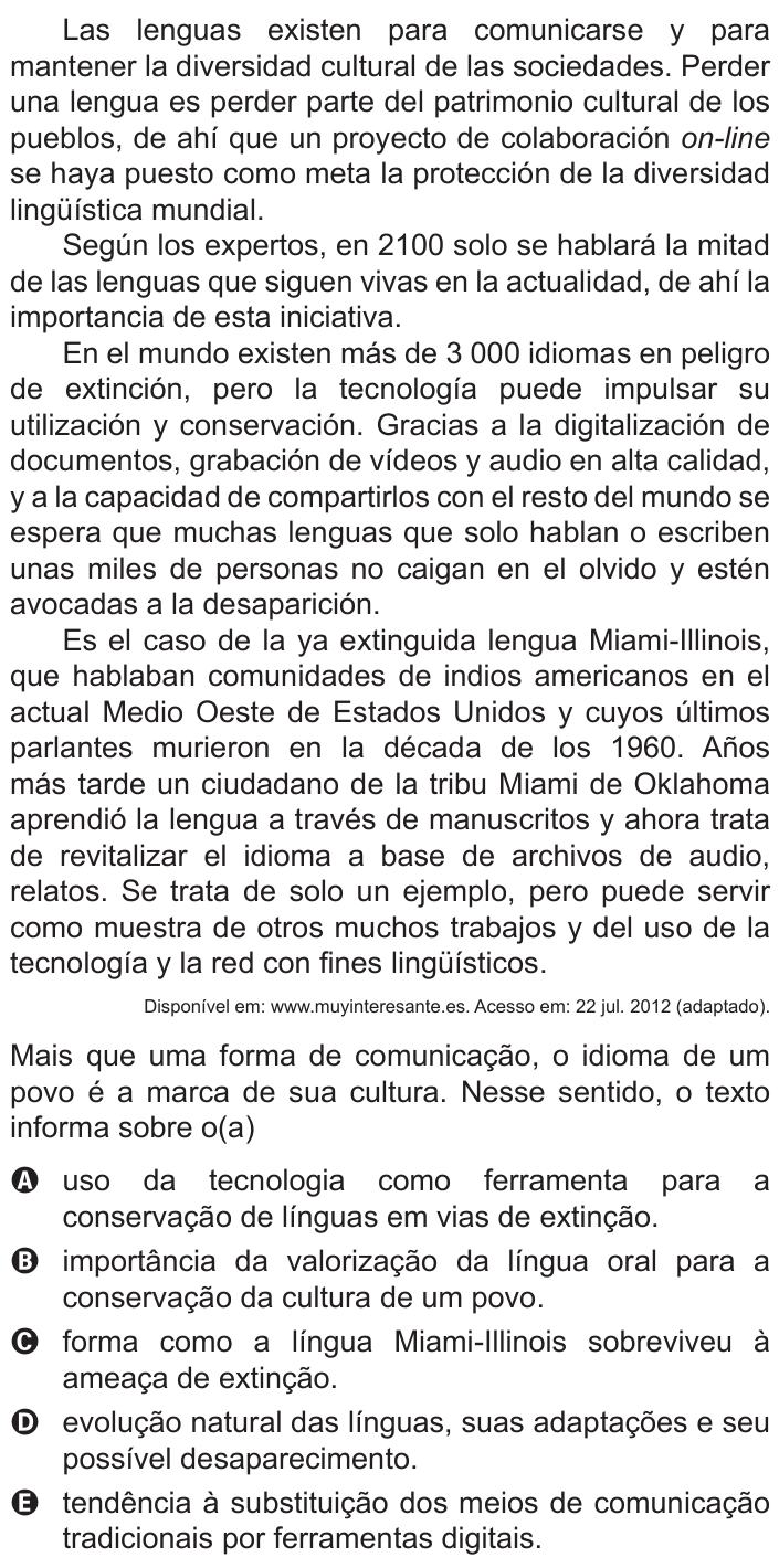 Questão 91 no caderno Cinza do ENEM PPL 2015