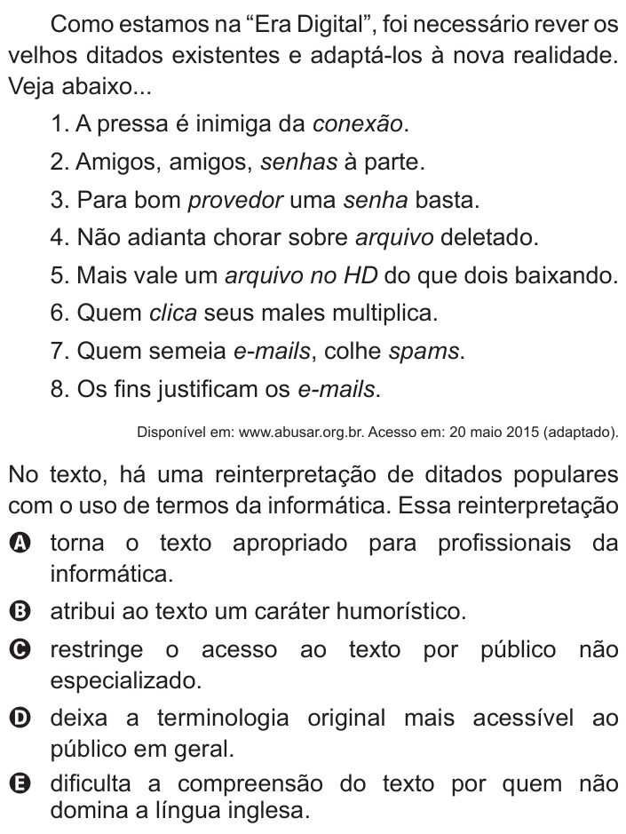 Questão 106 no caderno Cinza do ENEM PPL 2015