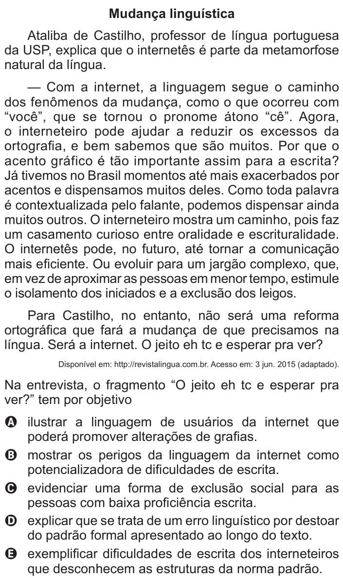 Questão 111 no caderno Cinza do ENEM PPL 2015