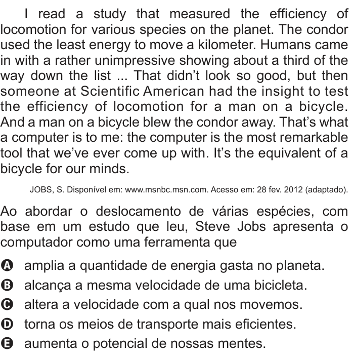 Questão 94 no caderno Cinza do ENEM PPL 2014