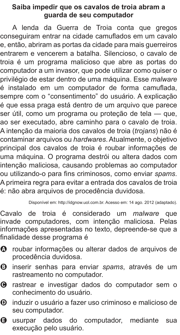 Questão 101 no caderno Cinza do ENEM PPL 2014