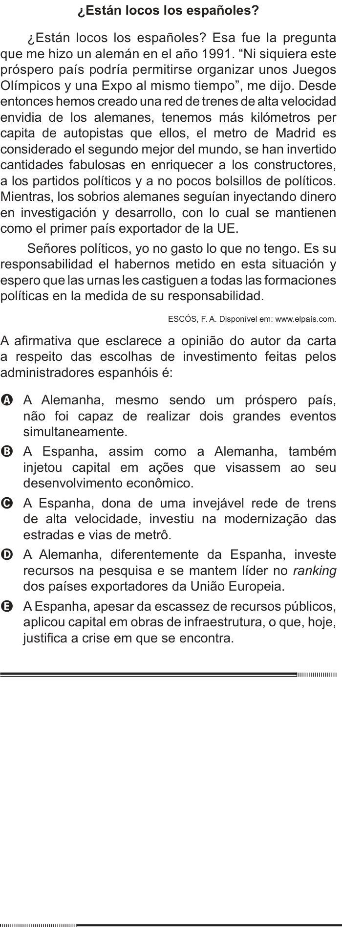 Questão 94 no caderno Cinza do ENEM PPL 2012