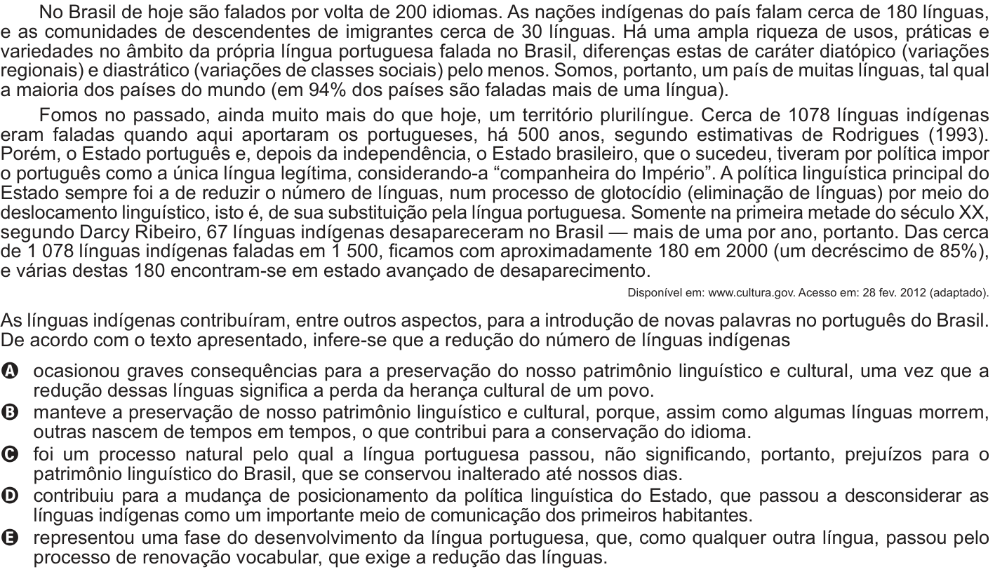 Questão 101 no caderno Cinza do ENEM PPL 2012