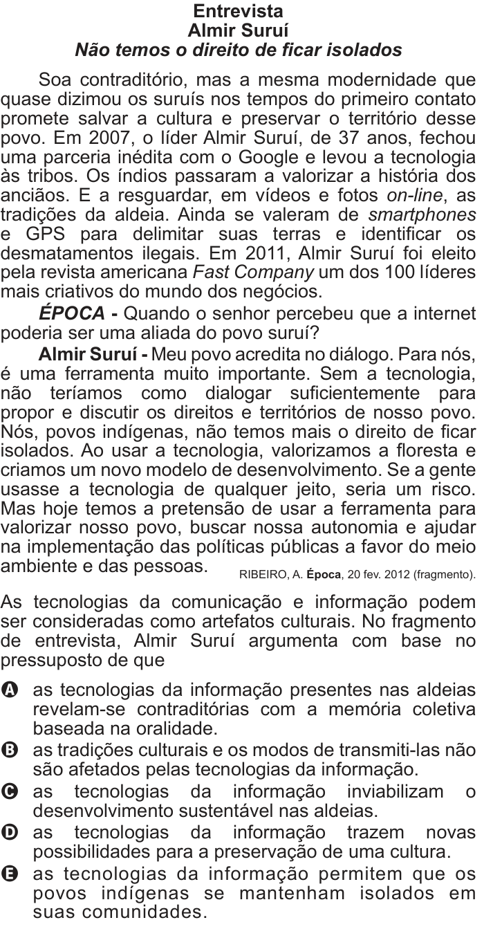 Questão 103 no caderno Cinza do ENEM PPL 2012