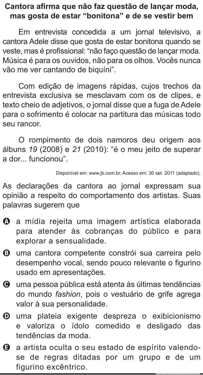 Questão 105 no caderno Cinza do ENEM PPL 2012