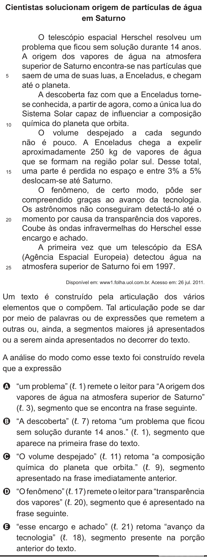 Questão 111 no caderno Cinza do ENEM PPL 2012