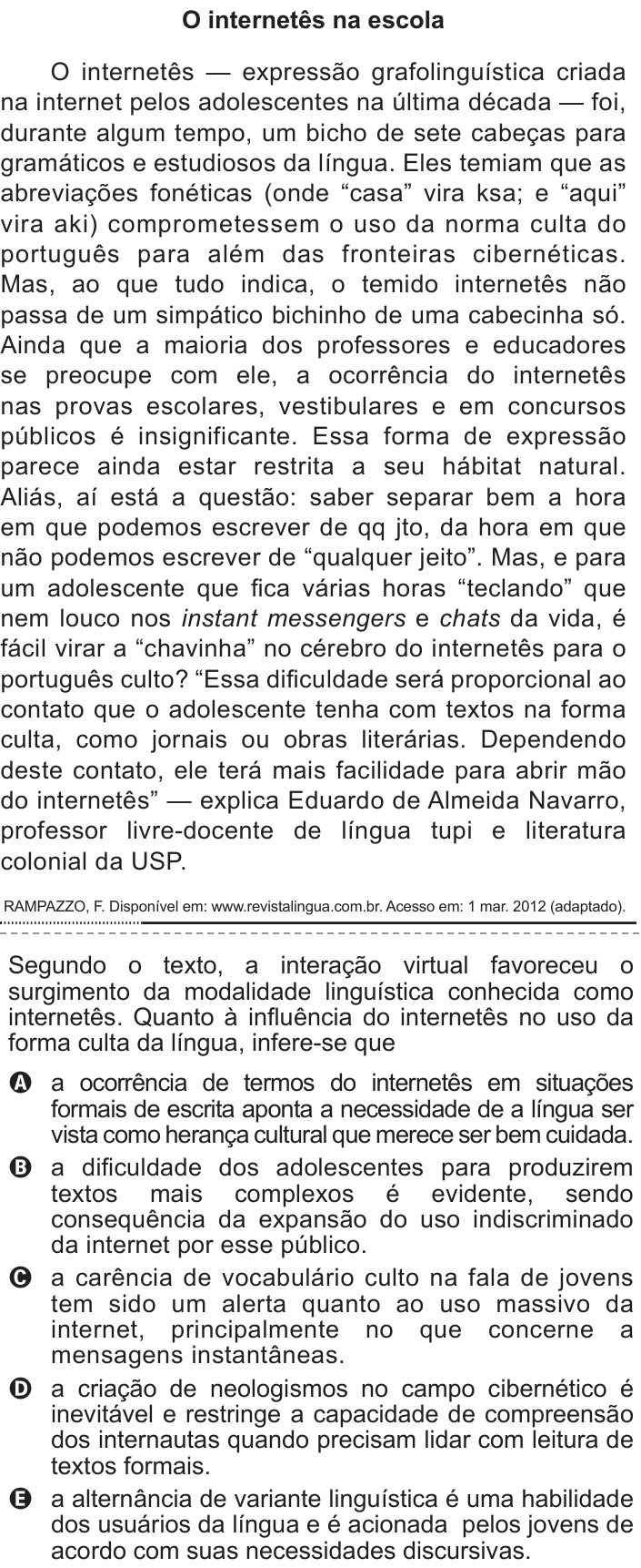 Questão 118 no caderno Cinza do ENEM PPL 2012