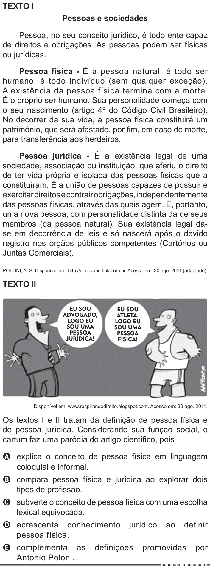 Questão 135 no caderno Cinza do ENEM PPL 2012