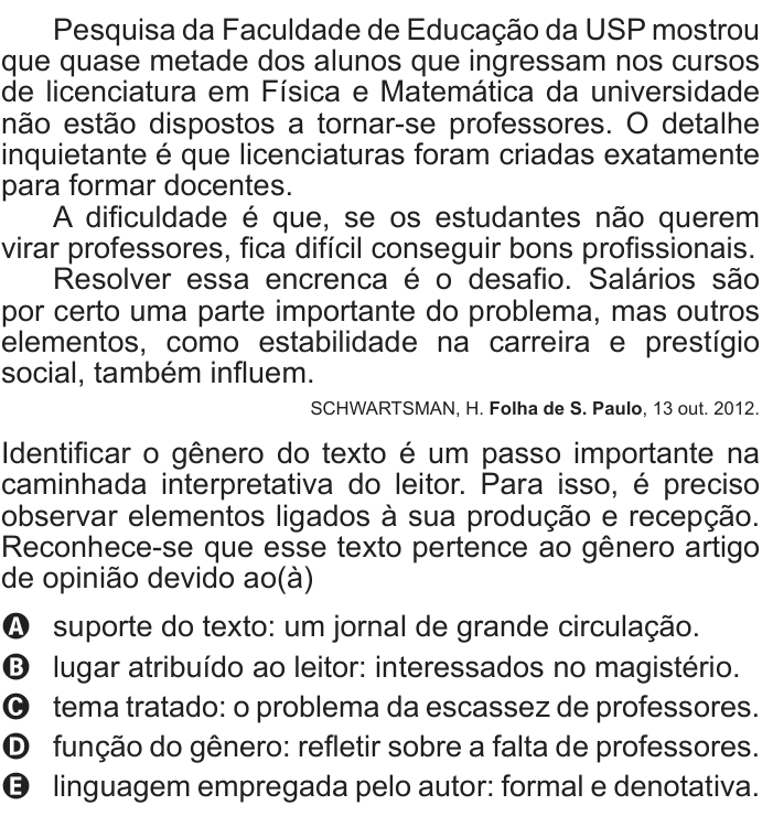Questão 132 no caderno Cinza do ENEM PPL 2013