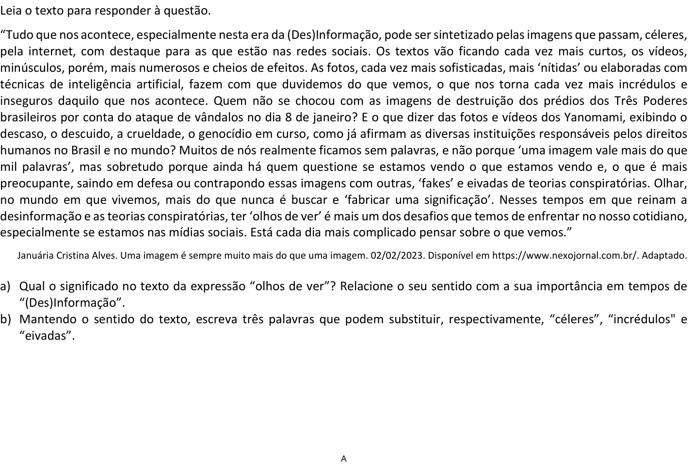 Questão 2 no caderno  da 2ª fase da FUVEST 2024