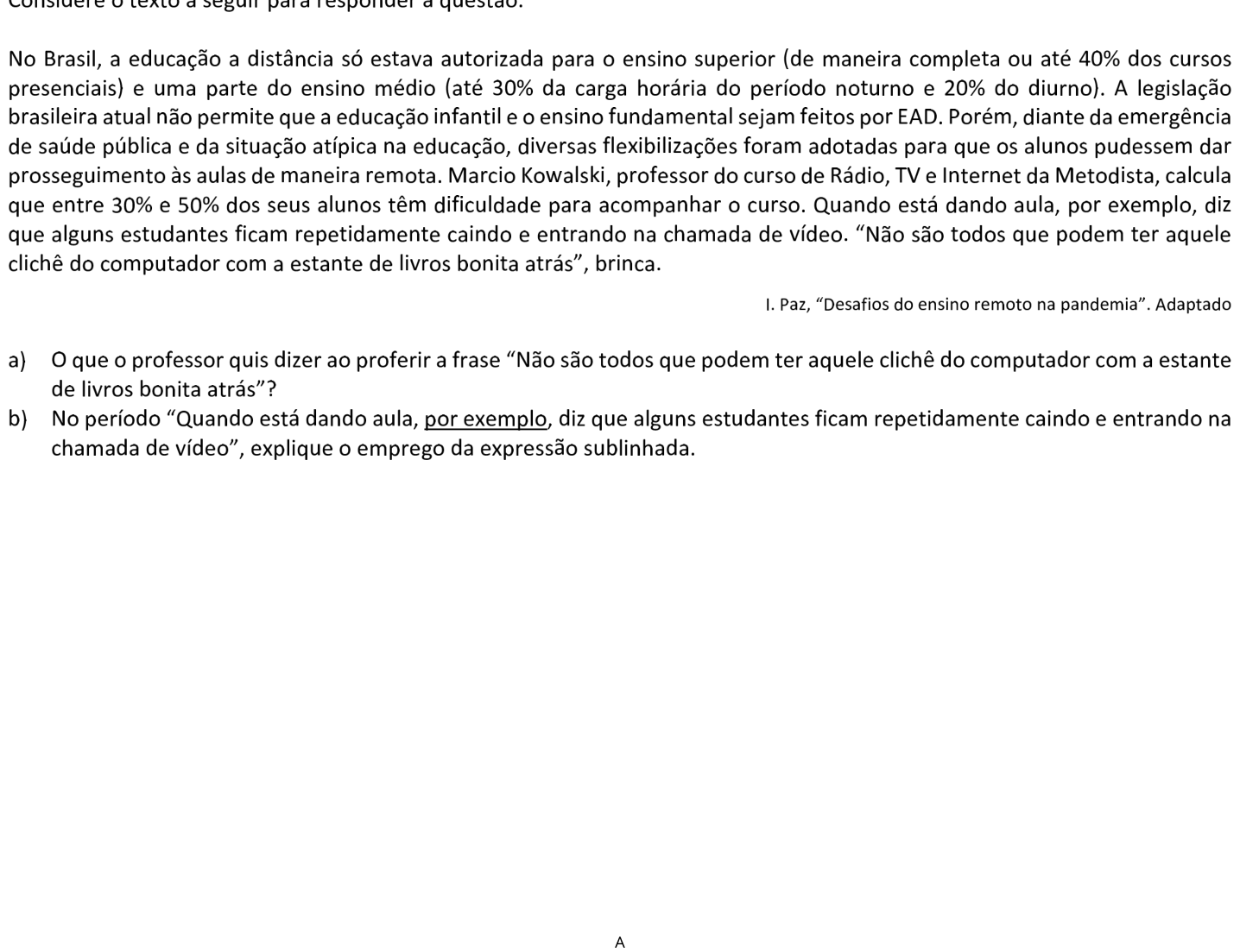 Questão 6 no caderno  da 2ª fase da FUVEST 2021