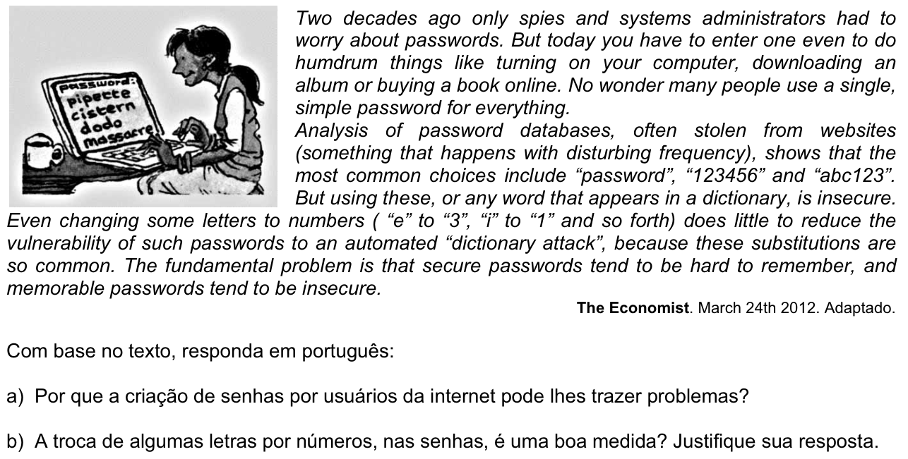 Questão 1 no caderno  da 2ª fase da FUVEST 2013