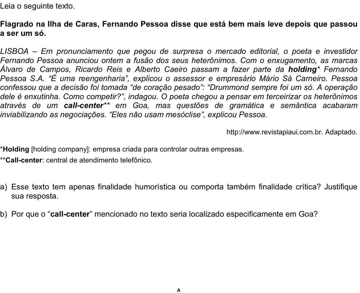 Questão 6 no caderno  da 2ª fase da FUVEST 2011