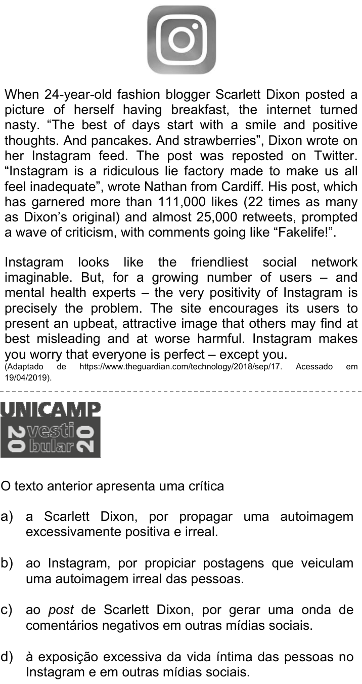 Questão 4 no caderno Q da UNICAMP 2020