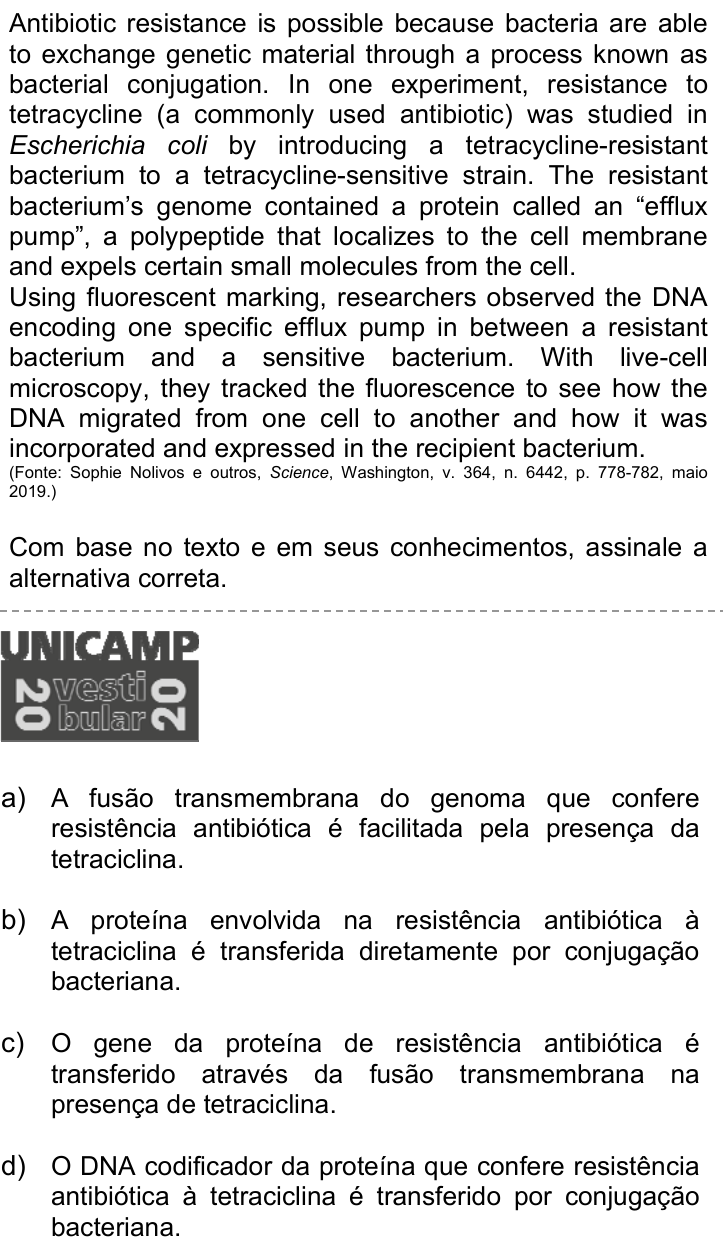 Questão 10 no caderno Q da UNICAMP 2020