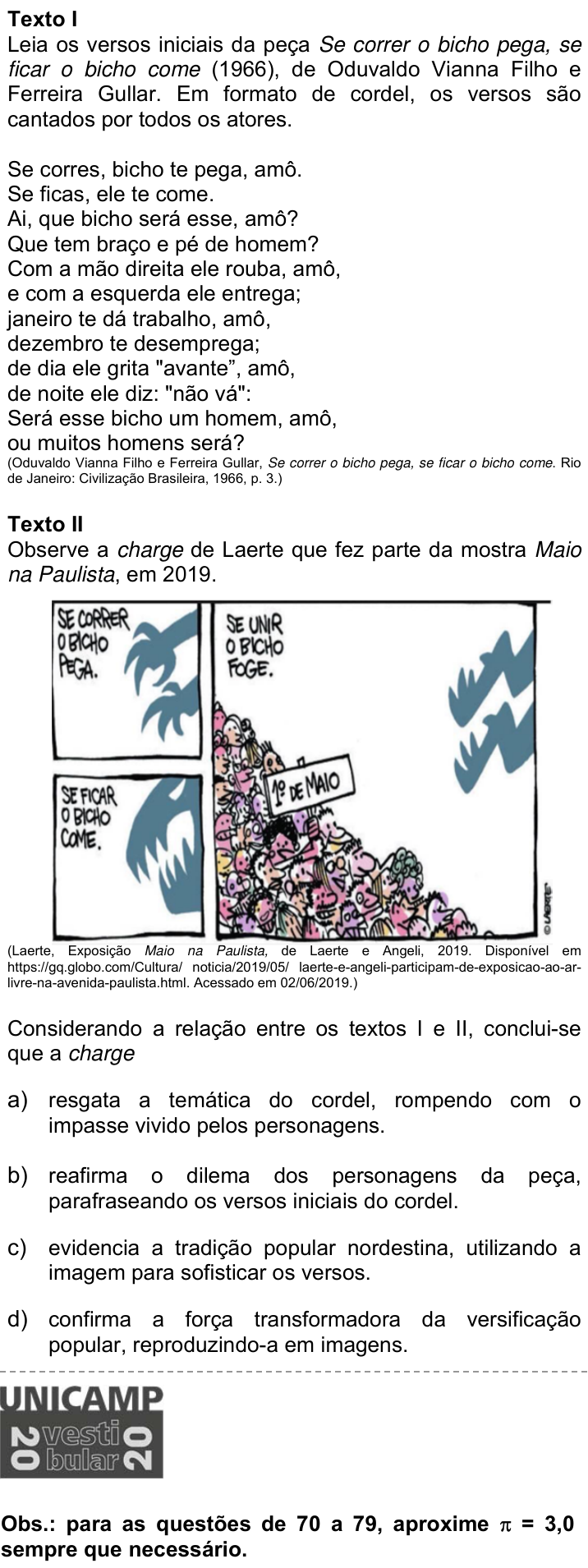 Questão 69 no caderno Q da UNICAMP 2020