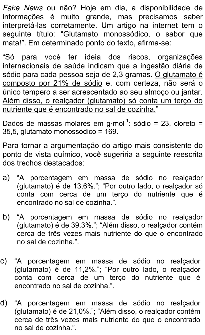 Questão 19 no caderno Q da UNICAMP 2019
