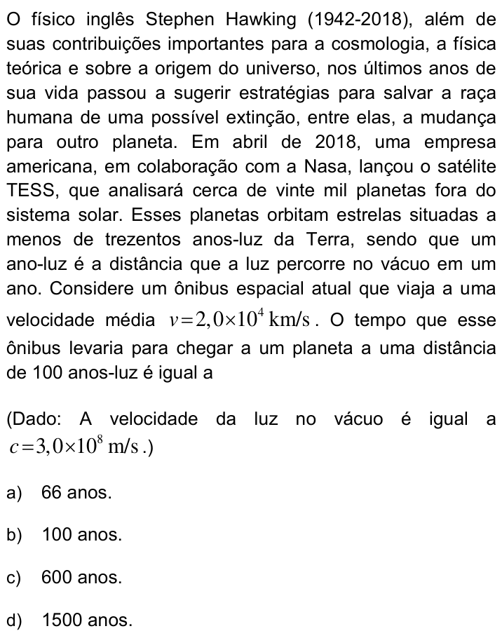 Questão 38 no caderno Q da UNICAMP 2019