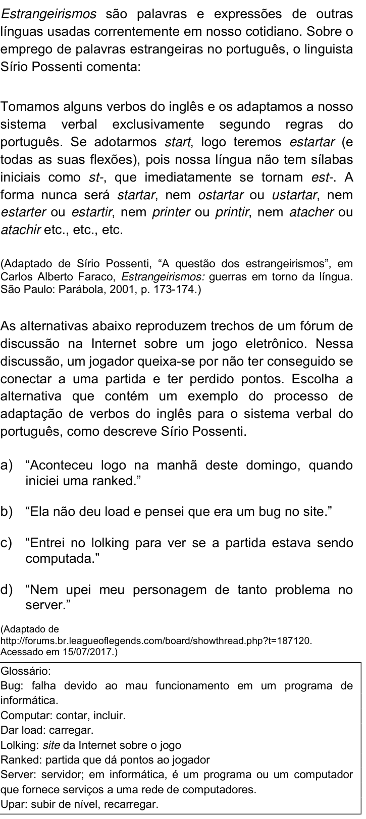 Questão 1 no caderno Q da UNICAMP 2018