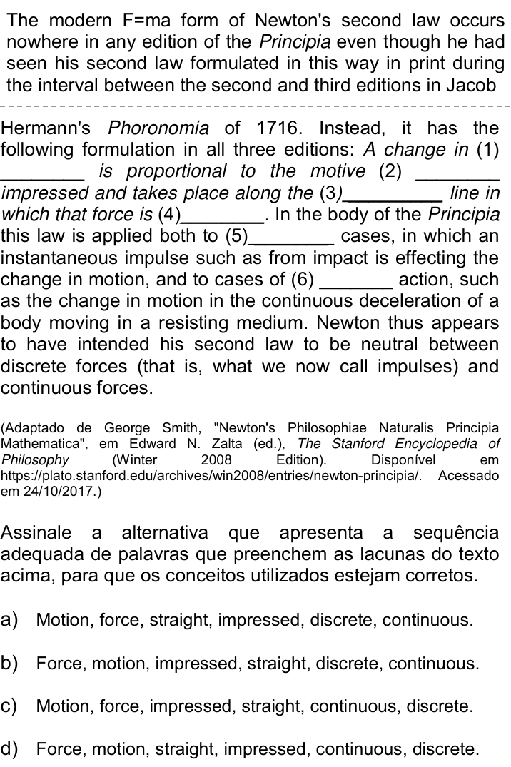 Questão 38 no caderno Q da UNICAMP 2018