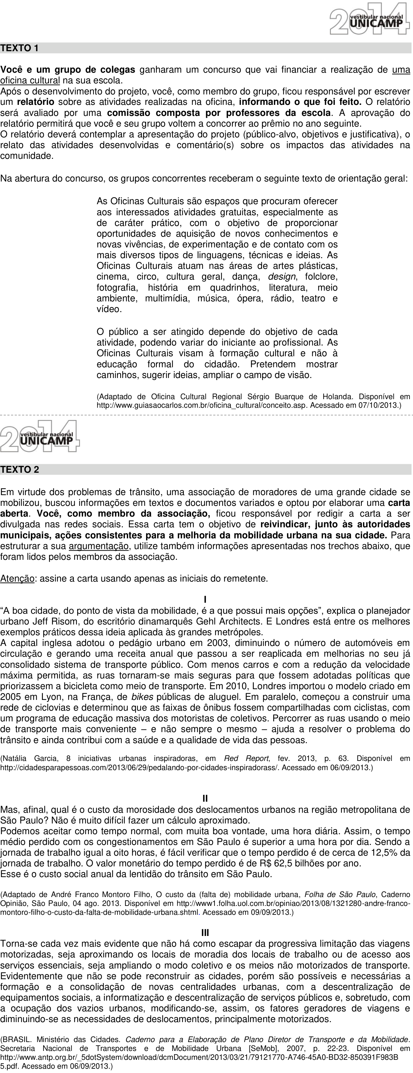 Redação da UNICAMP 2014: proposta no caderno da prova