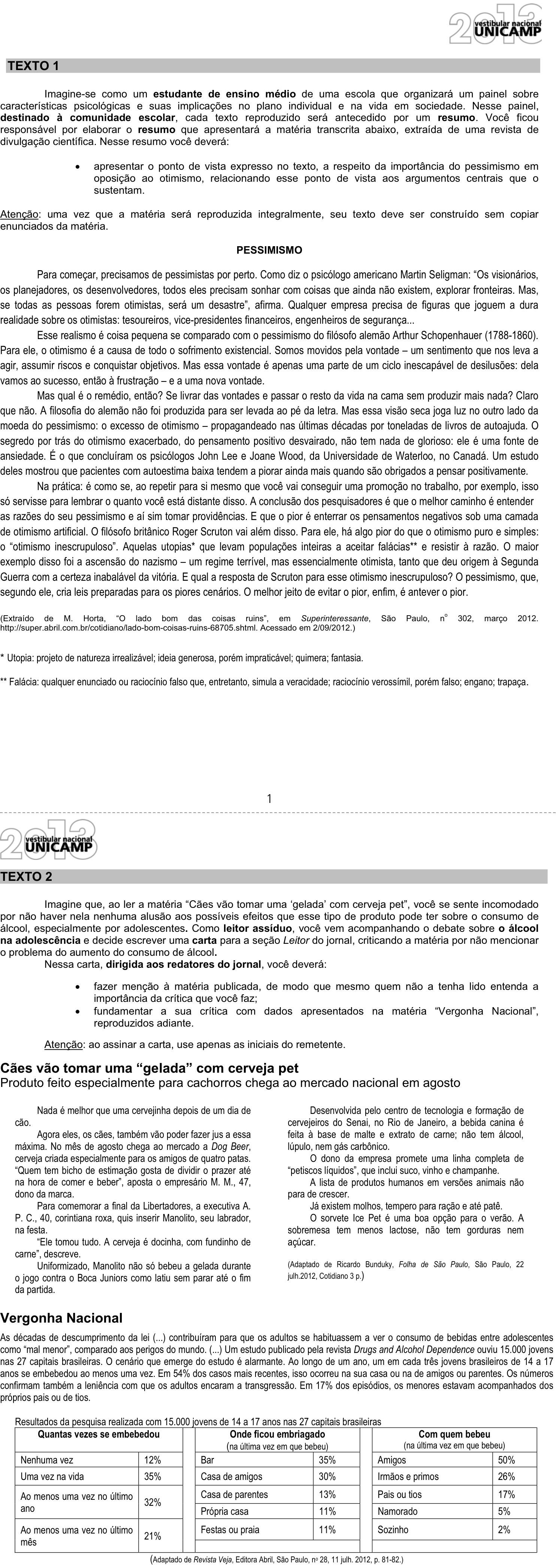 Redação da UNICAMP 2013: proposta no caderno da prova
