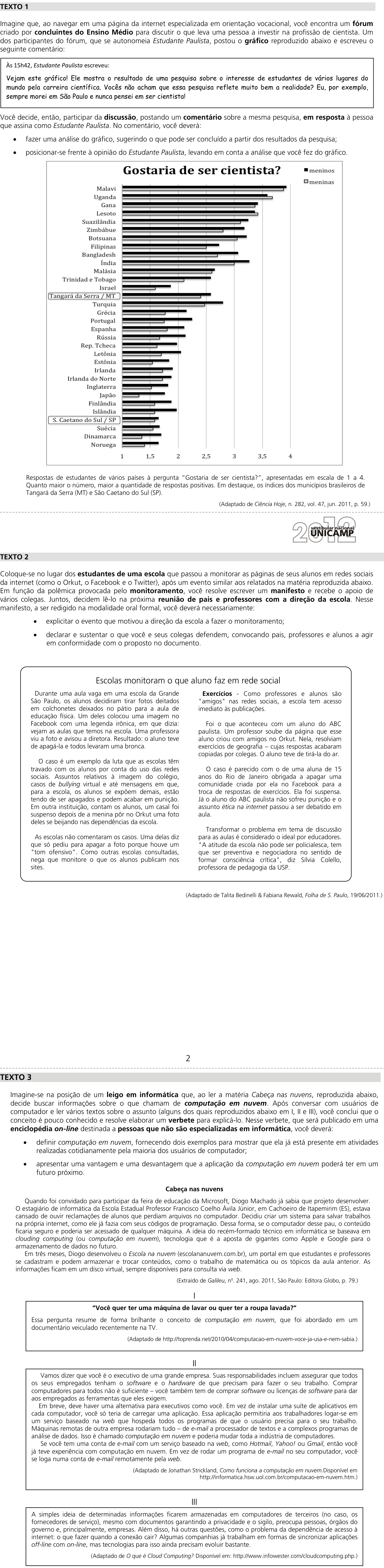 Redação da UNICAMP 2012: proposta no caderno da prova