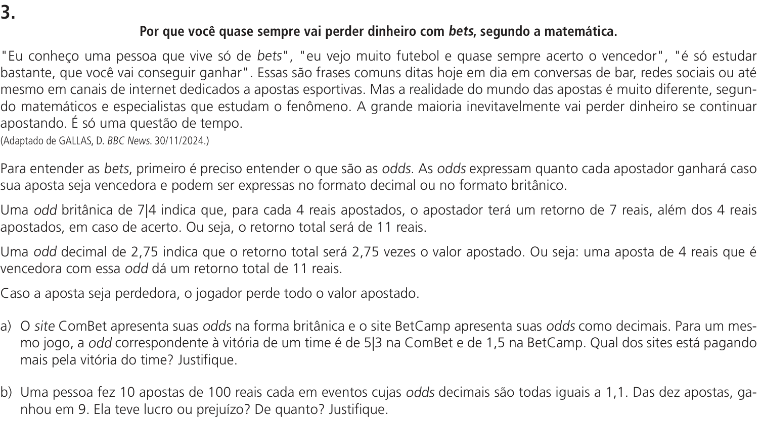 Questão 3 no caderno CB da 2ª fase da UNICAMP 2026